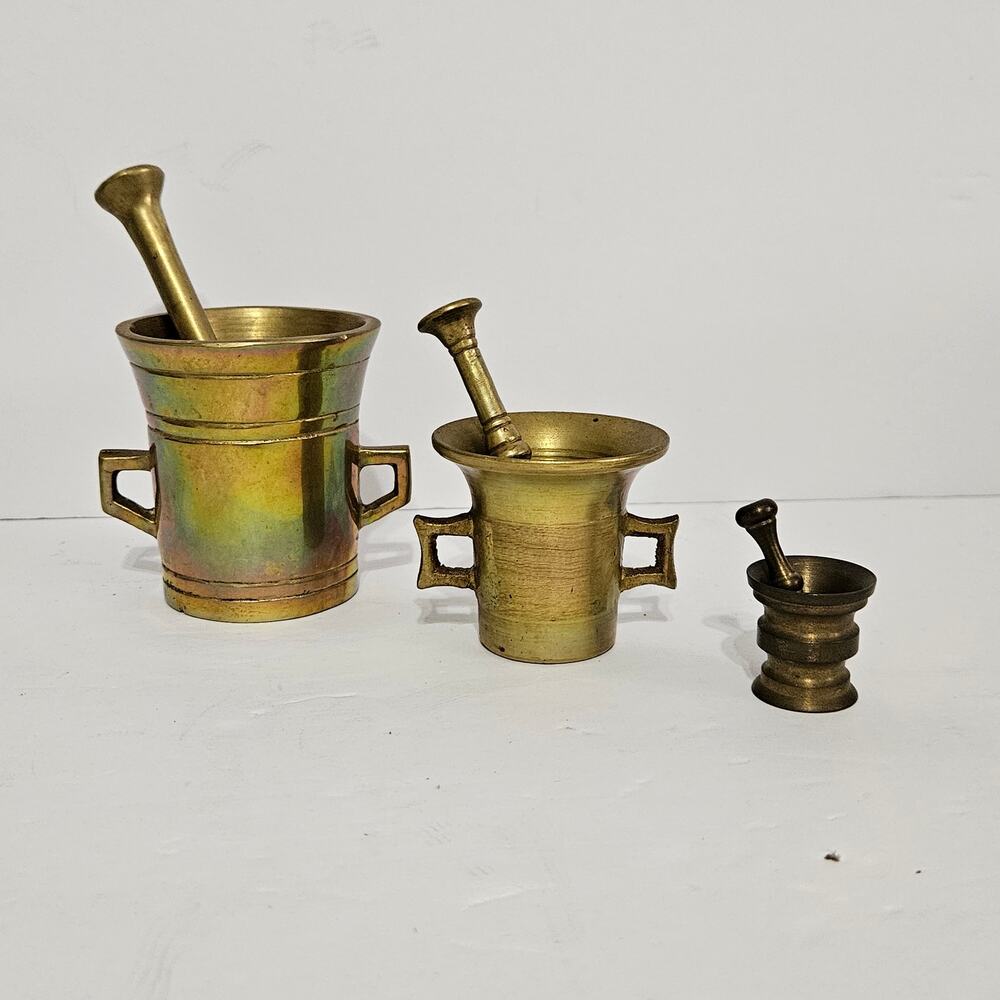 Brass Mortar & Pestle Set MCM Vintage Collectibles Set of 3 Heavy Detailed